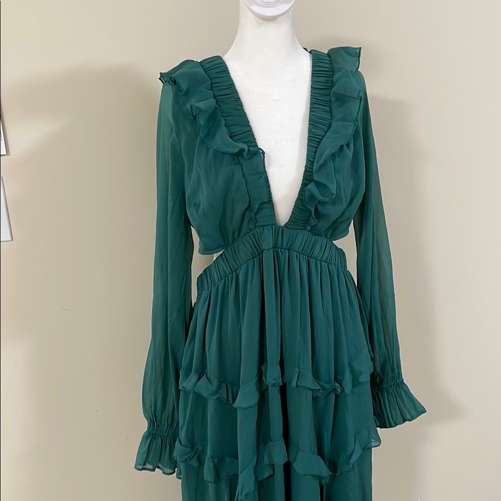 ASOS Green Ruffled Tiered Long Sleeve Dress - Picture 3 of 5